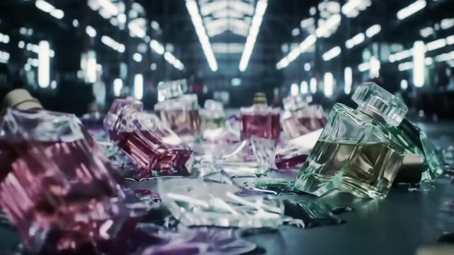Broken perfume bottles on a factory floor