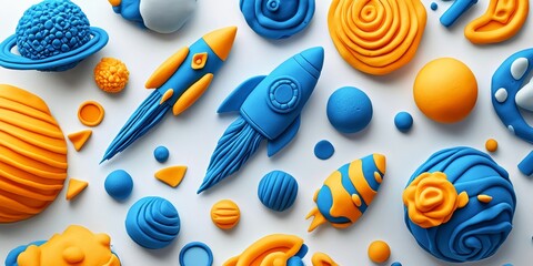 Eye-catching display of imaginative space creations formed in bright colors.