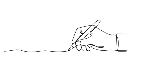 Continuous line drawing of a hand writing with a pen on white background