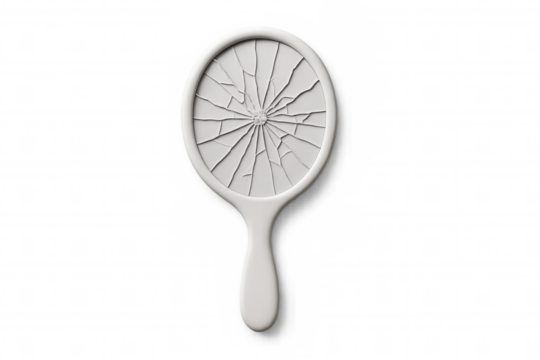 White broken hand mirror isolated on transparent background, representing loss, trauma, and distorted self-image