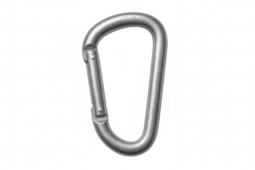 Metal carabiner gleaming, positioned against transparent backdrop, highlighting robust design for adventurous climbing and hiking gear