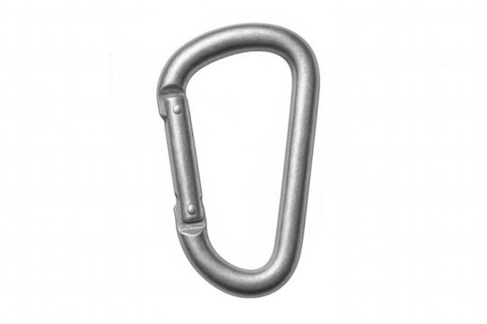 Metal carabiner gleaming, positioned against transparent backdrop, highlighting robust design for adventurous climbing and hiking gear