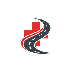vector of a winding road crossing a red medical cross, symbolizing healthcare and emergency transport