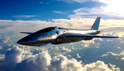 Futuristic aircraft flying through clouds