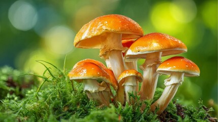 Fototapeta premium A vibrant field teeming with life, featuring a group of mushrooms surrounded by a diverse range of colorful flowers and green foliage