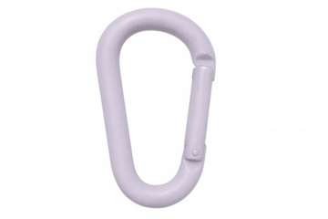 White carabiner hanging against transparent background, showcasing climbing gear detail with professional studio lighting