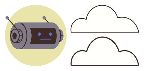 Cylinder-shaped robot with antennas and simple face design next to two outlined cloud icons. Ideal for technology, AI, cloud computing, automation, robotics, data sharing, futuristic tech. A simple
