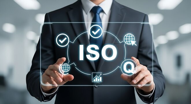 Businessman touching a virtual screen with ISO certification symbols for quality control and assurance standards.