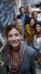 Obraz premium Smiling Woman and Group of People on Stairs.