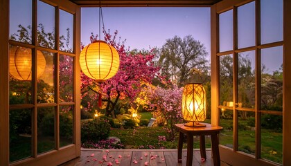 Peaceful garden view at dusk