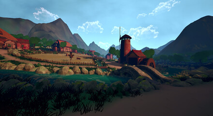 谷底の村　風車と赤屋根 © タラコおにぎり