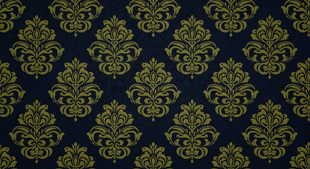Elegant Gold Damask Pattern on Dark Background.