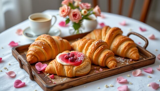 romantic breakfast tray with croissants, valentine's day, no people, no text, no logo