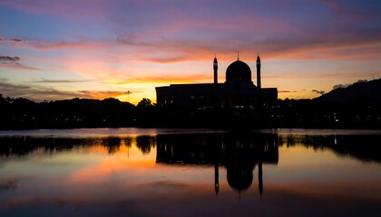 Mosque silhouette sunset reflection