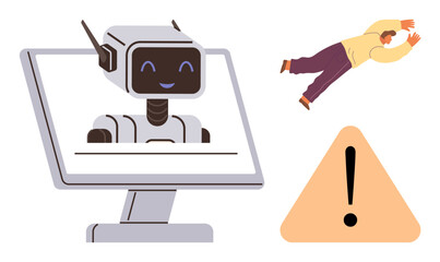 Smiling robot appears on a computer monitor, a warning sign suggests caution, and a person falling symbolizes potential hazards. Ideal for tech safety, AI ethics, automation consequences, robotics