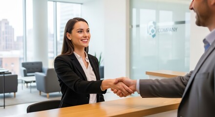 Professional Businesswoman Shaking Hands with Businessman in Modern Office Reception Area