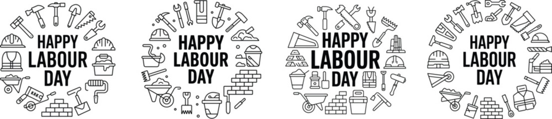Obraz premium Circles show black construction tool outlines, with “Happy Labour Day” text appearing in each transparent background