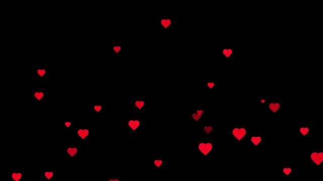 Falling Red Hearts Animation on Black Background, Floating Heart Particles