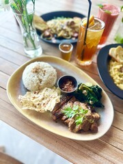 Overhead Shot of Indonesian Chicken Rice Dish