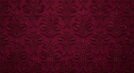 Fototapeta premium Deep Red Embossed Damask Floral Pattern Wallpaper Texture.