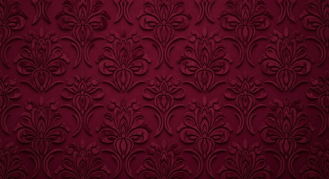 Deep Red Embossed Damask Floral Pattern Wallpaper Texture.