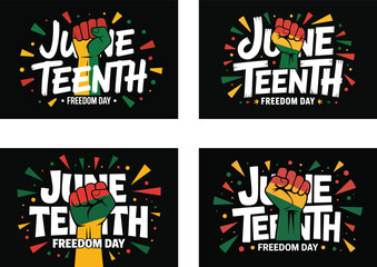 Juneteenth showcases an African American fist over black backdrop and bright colors