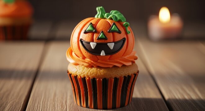 Gourmet Jack-o'-Lantern Cupcake with a Friendly Grin by Candlelight