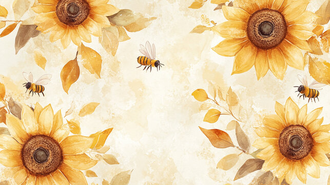 Sunflower and honeybee pattern seamless and harmonious in soft rustic watercolor style with muted earth tones