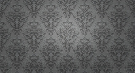 Dark Gray Damask Wallpaper Pattern with Intricate Designs.