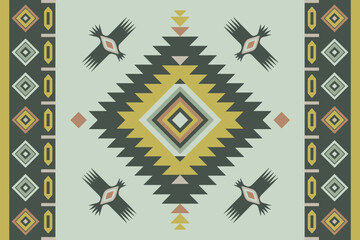 Native American pattern shows geometric shapes with four birds on a light green backdrop