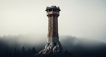 Mystical wooden observation tower rising above the fog-shrouded forest landscape
