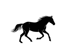 Silhouette of a powerful black horse in full stride, its mane and tail flowing dynamically against a stark white background.