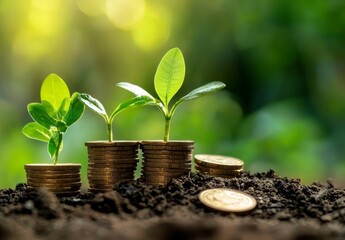 Green shoots emerging from coins represent financial growth.