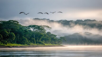 Morning Mist in the Amazon Rainforest with Dense Green Canopy, River Reflecting Soft Light, and Exotic Tropical Birds in Flight in Cinematic Documentary Style
