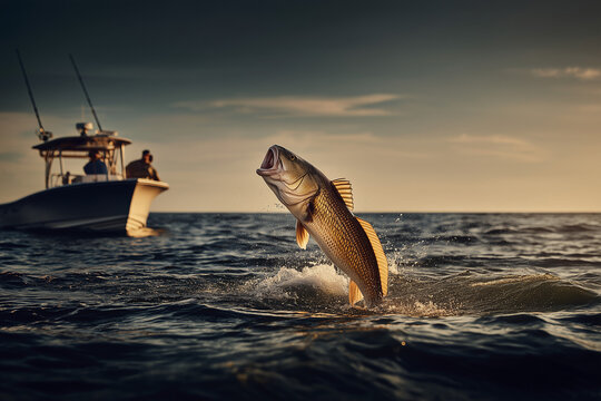 Red Drum Jumping from Water &ndash; Dynamic Action Shot of a Trophy Redfish Leaping Beside Fishing Boat in Open Ocean at Sunset, Saltwater Game Fish Splashing in Dramatic Golden Hour Light