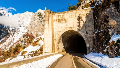 Snowy mountain tunnel road trip