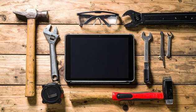 Digital Tool Kit: Tablet Surrounded by Hand Tools on Wooden Workbench