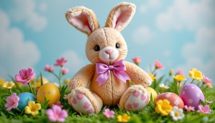 Obraz premium easter bunny plush toy with bow, spring, no people, no text, no logo