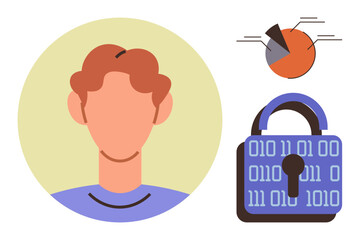 Anonymous face in profile, secure lock with binary code, and a pie chart showing data segments. Ideal for cybersecurity, privacy, analytics, tech security, statistics, identity confidentiality