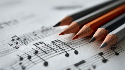 Pencils rest atop sheet music, creating a close-up still life of creativity