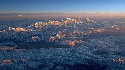 Sunrise over the Himalayas with Snow-Capped Peaks Glowing in Golden Light, Layers of Clouds and Mountain Ridges in BBC Earth Cinematic Landscape Style
