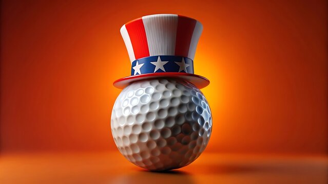 Golf ball wears uncle sam hat against orange background