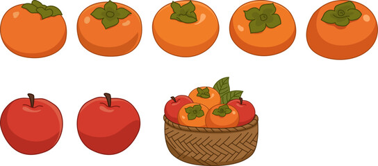 Autumn Seasonal Fruits or Chuseok Holiday Fruits Vector Illustration Collection, persimmon, apple.