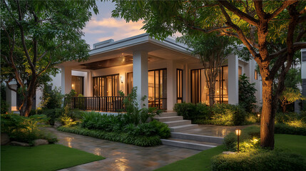 Tranquil Haven: Captivating architectural masterpiece of home bathed in the soft embrace of the dusk's tender glow, with verdant landscape and manicured gardens embracing the scene.