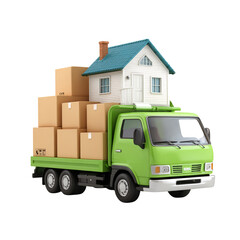 Obraz premium Green moving truck carrying a house and boxes, isolated on transparent background