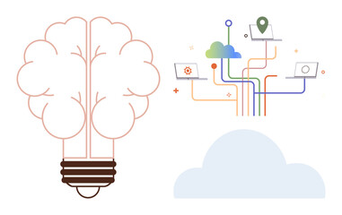 Brain-shaped light bulb symbolizes intelligence and creativity. Connected cloud network with laptops and data flows illustrates innovation, technology, teamwork, and analytics. Ideal for idea