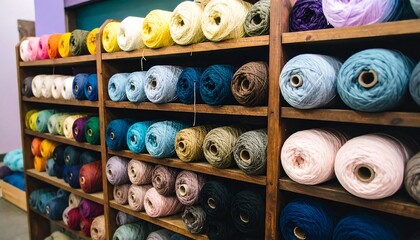 Colorful yarn balls on wooden shelves