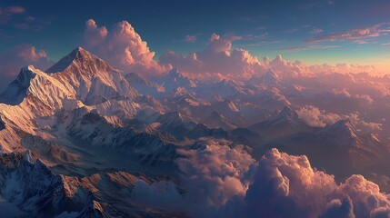 Sunrise over the Himalayas with Snow-Capped Peaks Glowing in Golden Light, Layers of Clouds and Mountain Ridges in BBC Earth Cinematic Landscape Style
