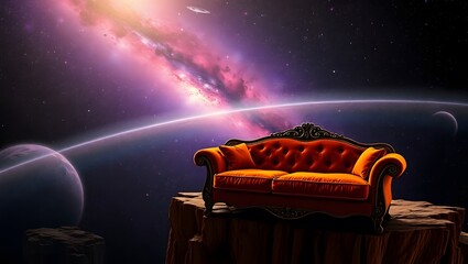 An orange couch sits on a rock ledge with planets and a nebula in the background of the image