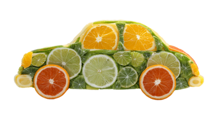 Citrus Car Made of Orange Lime and Lemon Slices on Transparent Background, PNG